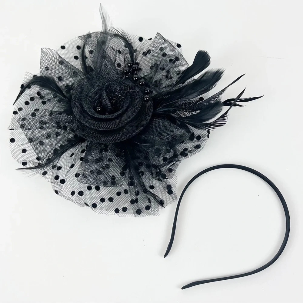 New Black Round Tulle Fascinator Clip and Headband NWT